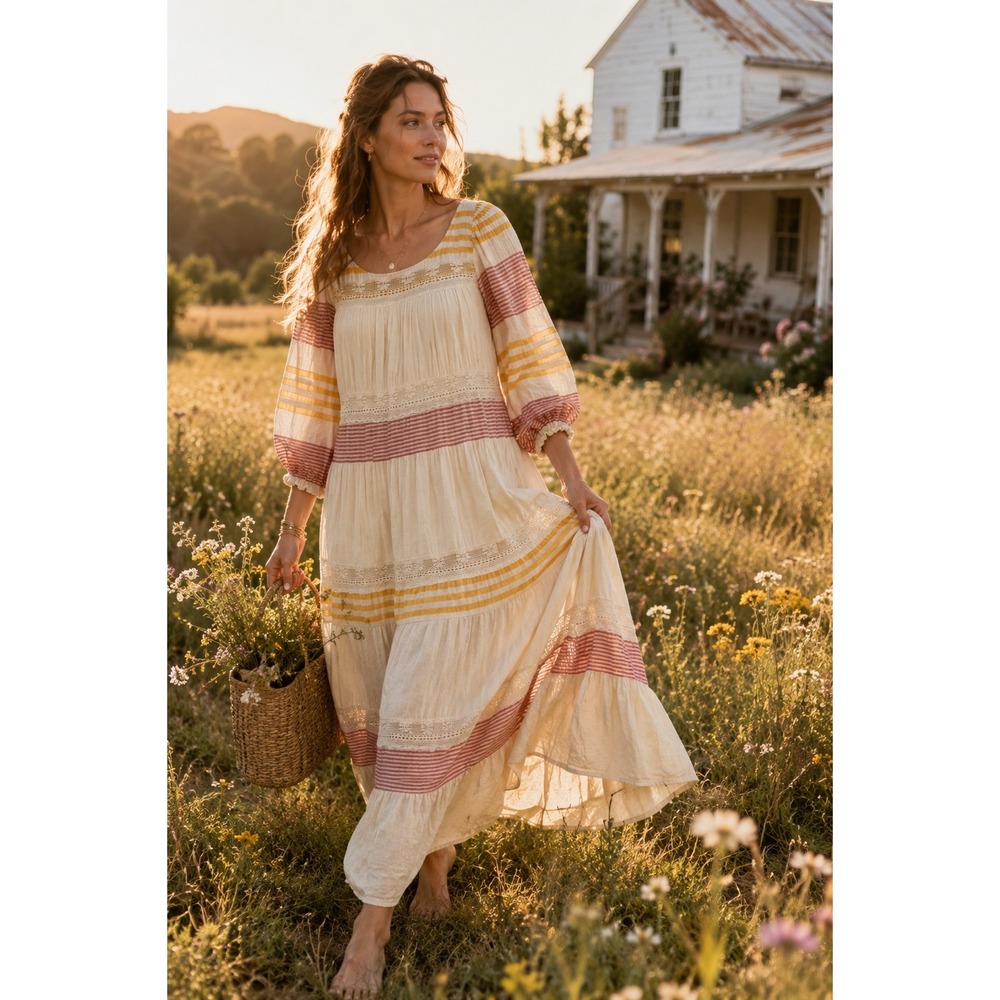 Sundance Cara Belle Cotton Gauze Lace Tiered Prairie MIDI Dress Striped S